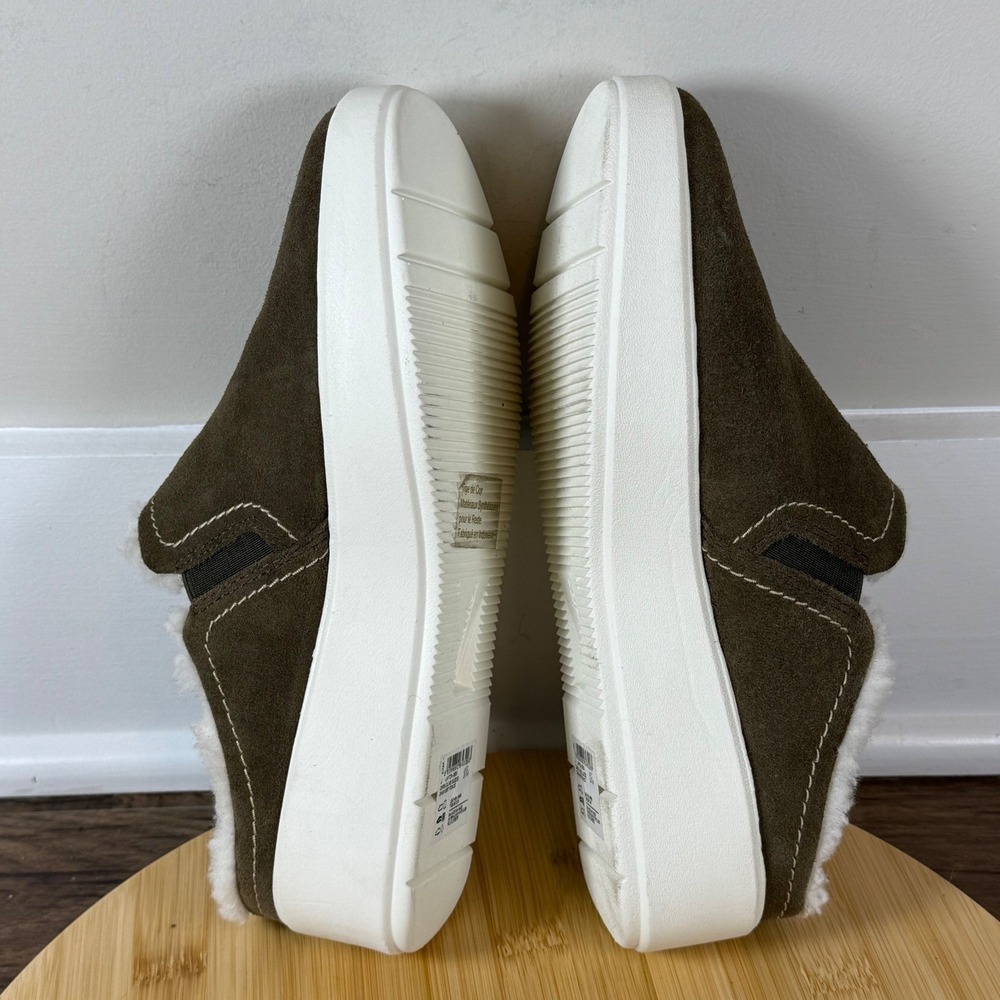 Clarks Layton Gem Mules Women 7.5 Dark Olive Suede Faux Fur Cabinlife Cozy Fall - Picture 5 of 8